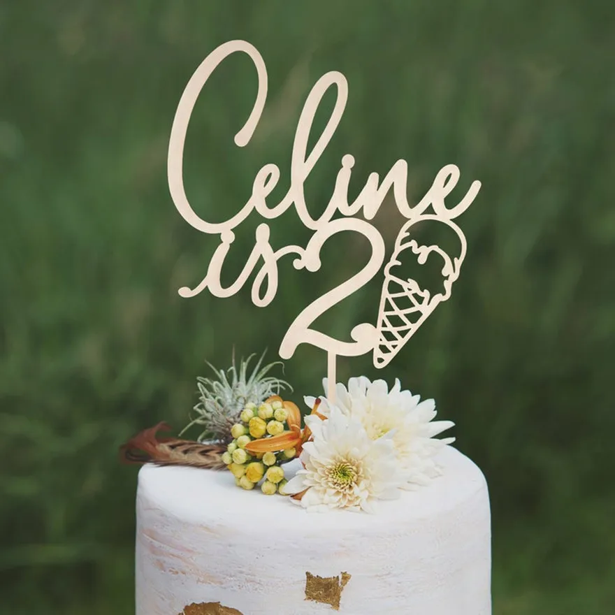 Personalised Birthday Cake Topper, Ice Cream Cake Topper, Custom Name 1st 2 year old baby boy girl birthday cake topper