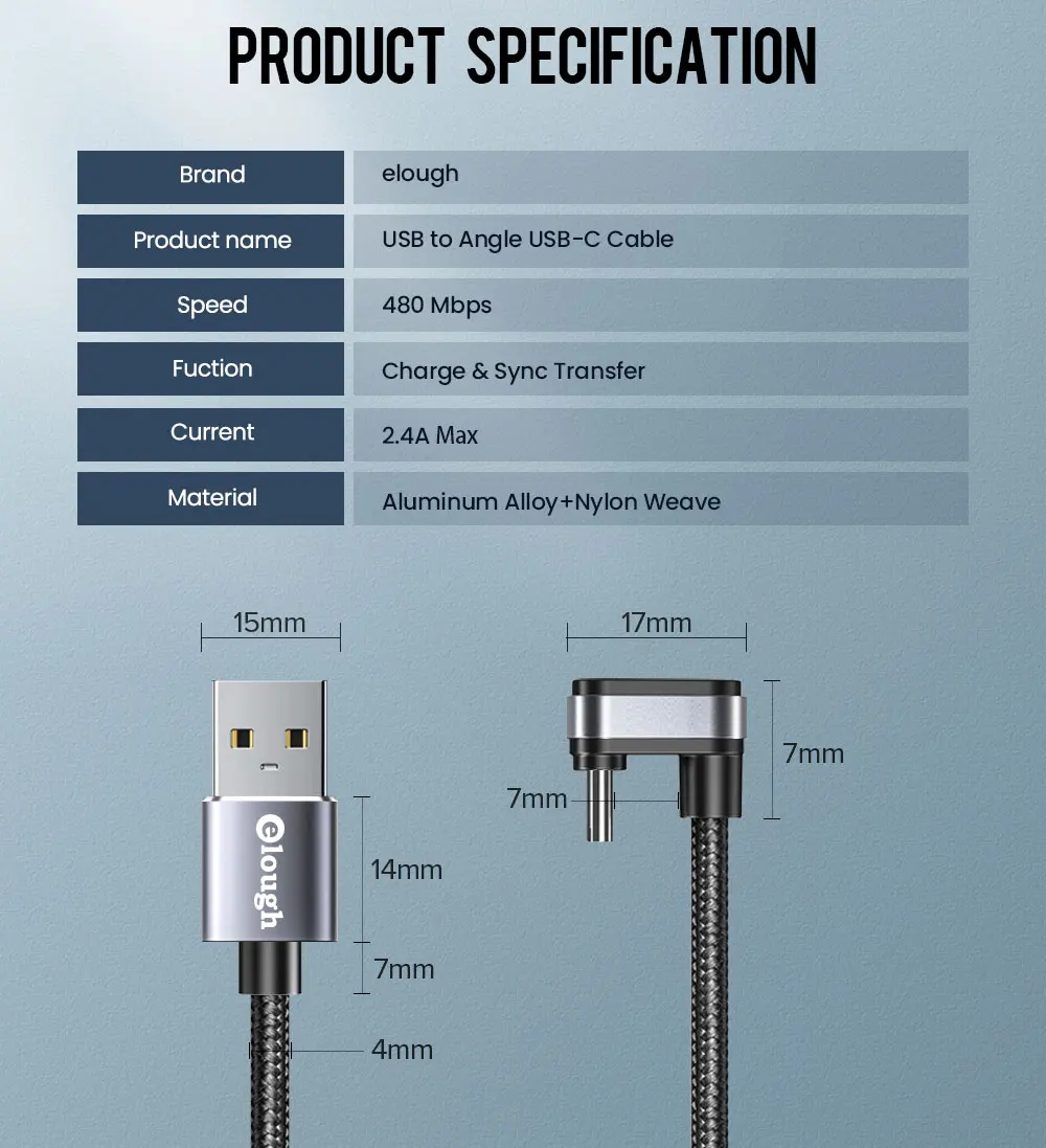 USB Type C Cable 2.4A Fast Charging 90 Degree Elbow Games Charge Wire for Xiaomi Samsung Phone Data