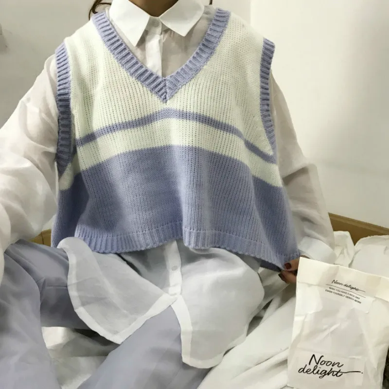 

Sweater Vest Women Striped Loose Preppy Sleeveless Sweaters Students Korean Style Autumn Winter Outwear Chic Retro Knitted New