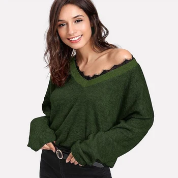 

Sweaters Women Spring Autumn Long Sleeve V-neck Stitching Sweater Slim Lace Jumper Fashion Femme Elasticity Pullovers