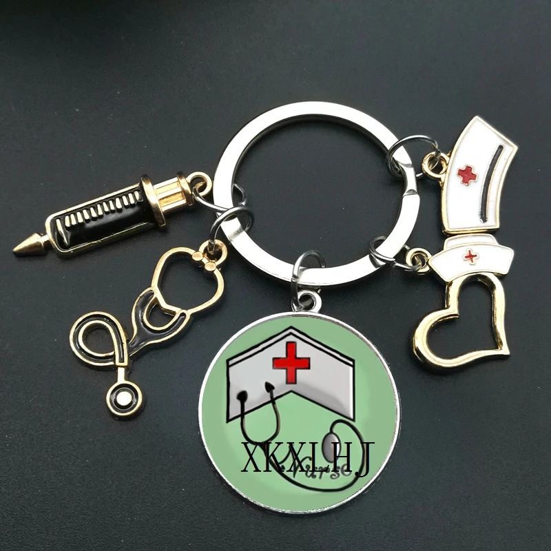 

New Fashion Creative Nurse Medical Syringe Stethoscope Image Keychain Glass Cabochon and Glass Dome Key Ring Pendant Gift