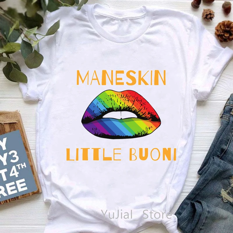 

Maneskin Little Buoni Lips Print Tshirt Women Rainbow Pride MåNeskin LGBT T-Shirt Homme Summer Hip Hop Italy Rock Band T Shirt