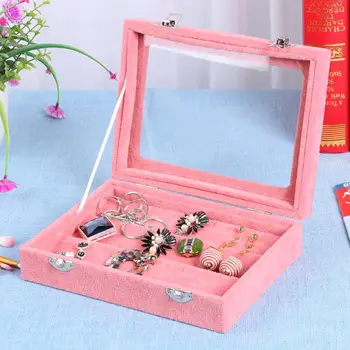 

elvet Glass Ring Earring Jewelry Display Organizer Box Tray Holder Storage Case Bracelet Necklace Container Jewelry Gift Box