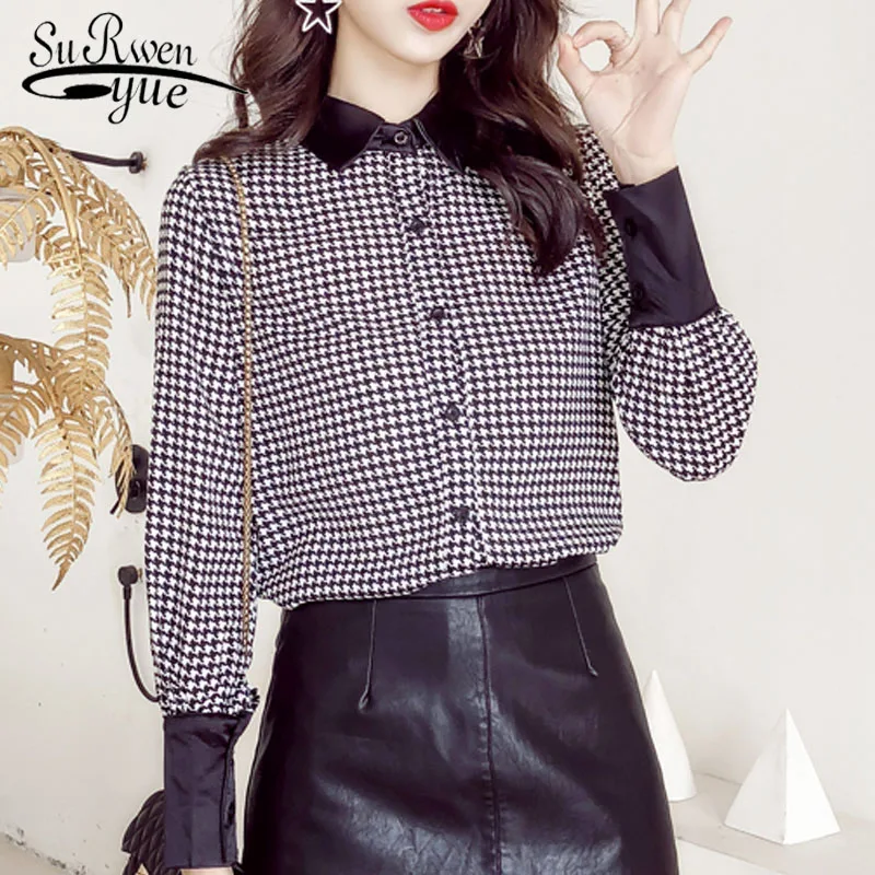 

2019 Autumn Fashion Women Blouses Casual Turn-down Neck Women Tops Long Sleeve Lattice Women Shirt Office Lady 5705 50