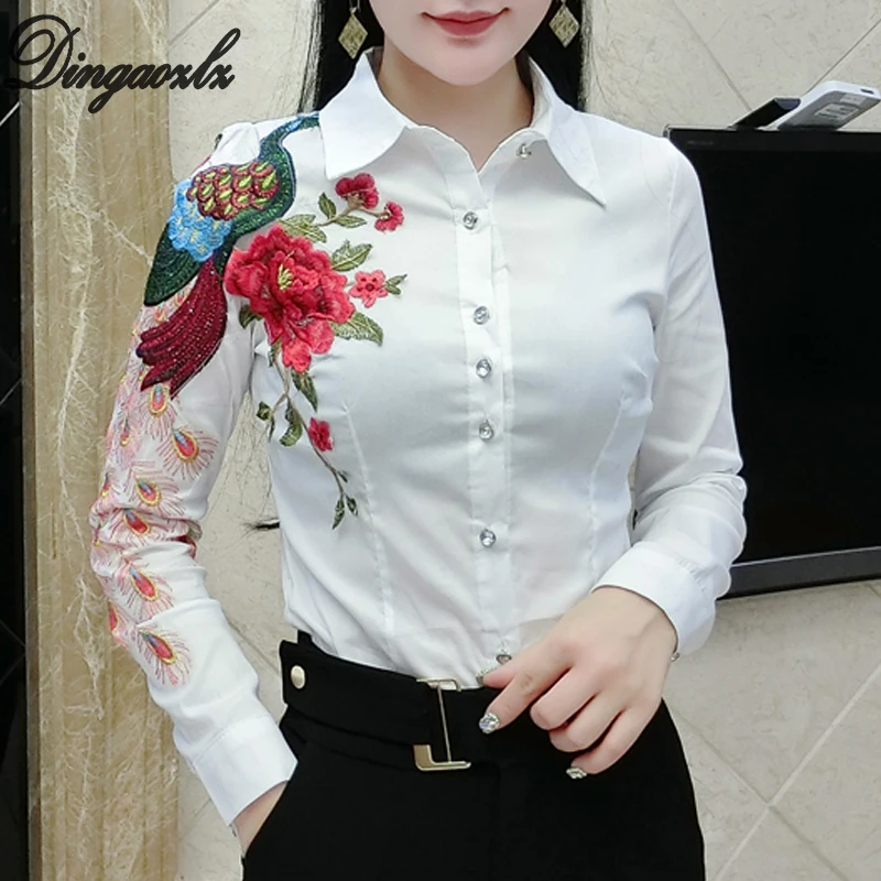 Модная женская белая рубашка Dingaozlz женские топы с длинными рукавами и вышивкой