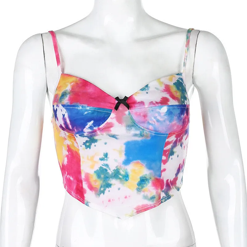 Y2k Women's Tie-dye Suspenders Butterfly Print V-neck Slim Crop Top Sexy Open Back Ladies Vests Party Wear And Street Wear