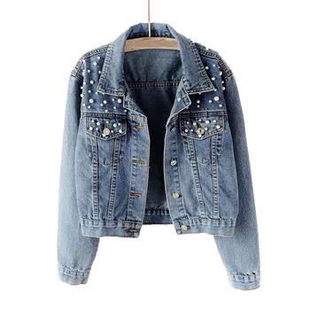 

Plus Size Pearl Beading Short Denim Jackets 3Xl 5Xl Women White Wash Long Sleeve Vintage Casual Women Jean Jacket Denim Coat