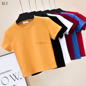 

Women Girls Summer Short Sleeve T-Shirts Solid Color Half High Neck Pullover Slim Crop Top Sport Basic Casual Streetwear S-XL
