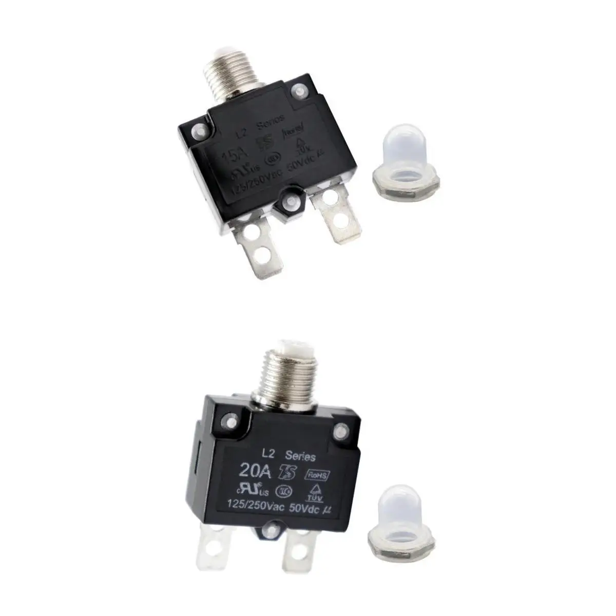 2pcs 15/20A Push Button Circuit Breaker 50V DC or 125/250V AC, Mounts in 3/8 inch (10 mm) Round Hole, Transparent Button Caps