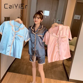 

CAIYIER Women Sexy Nightwear Summer Leisure Silk Satin Buttons Short Sleeved+Shorts Pajamas 2pcs Suit Cute Pure Color Sleepwear