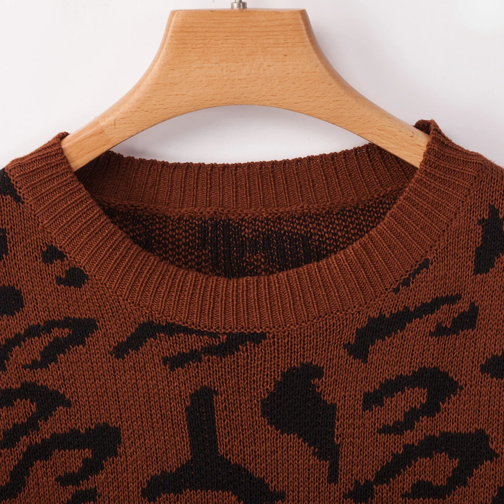 Dilusoo, Леопардовый принт, Зимний вязаный свитер для женщин, круглый вырез, длинный рукав, Свободные Повседневные свитера для женщин, Осенние Комбинезоны, Свитера