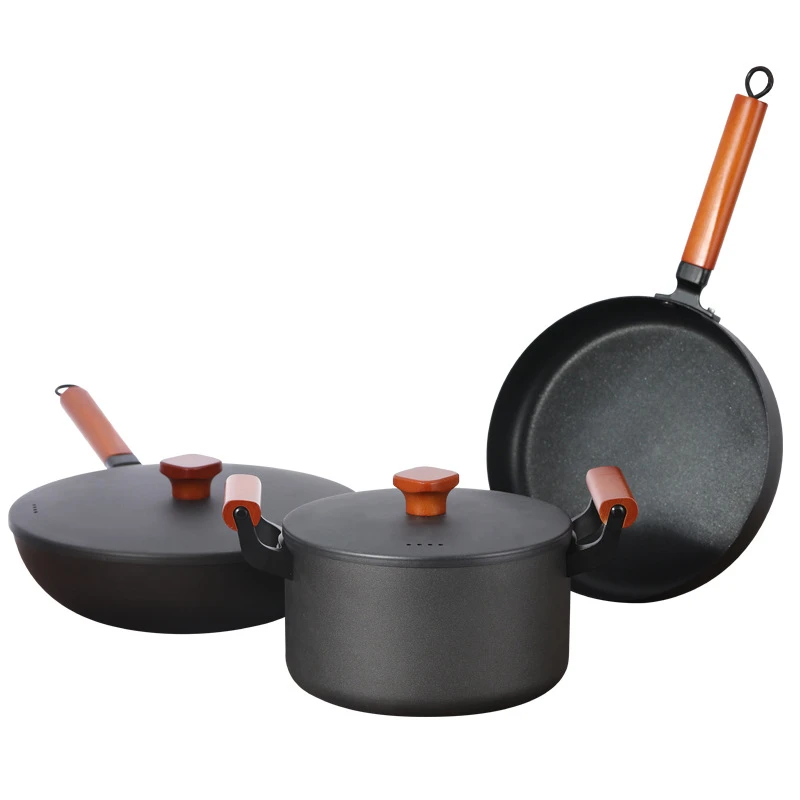 26cm 30cm 3pcs Set Non Stick Cooking Pots Set Wood Handle Iron Pots And Pans Kitchen Cookware Set No Fumes For Various Stoves Cookware Sets Aliexpress