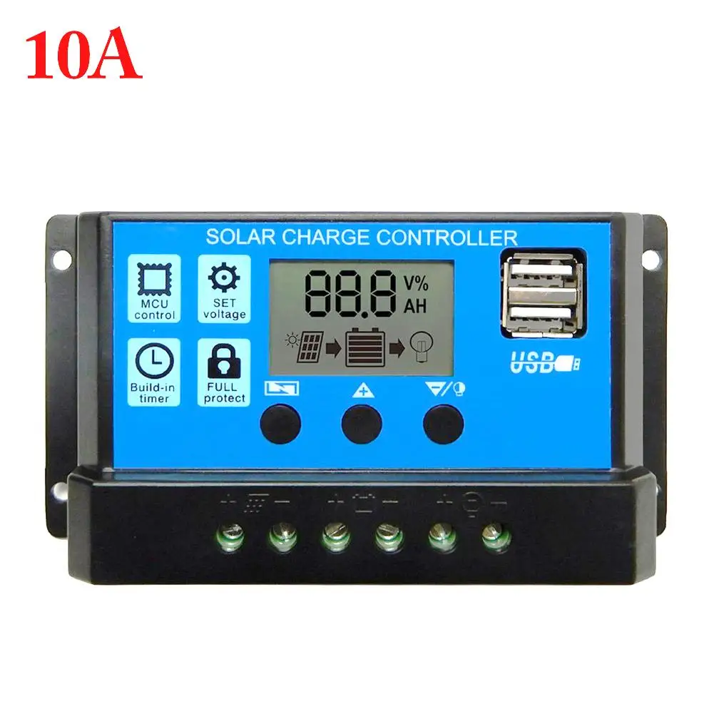 10A 60A/50A/40A/30A/20A/10A 12V 24V Auto Solar Charge Controller PWM Controllers LCD Dual USB 5V Output Solar Panel PV Regulator - Color: 10A