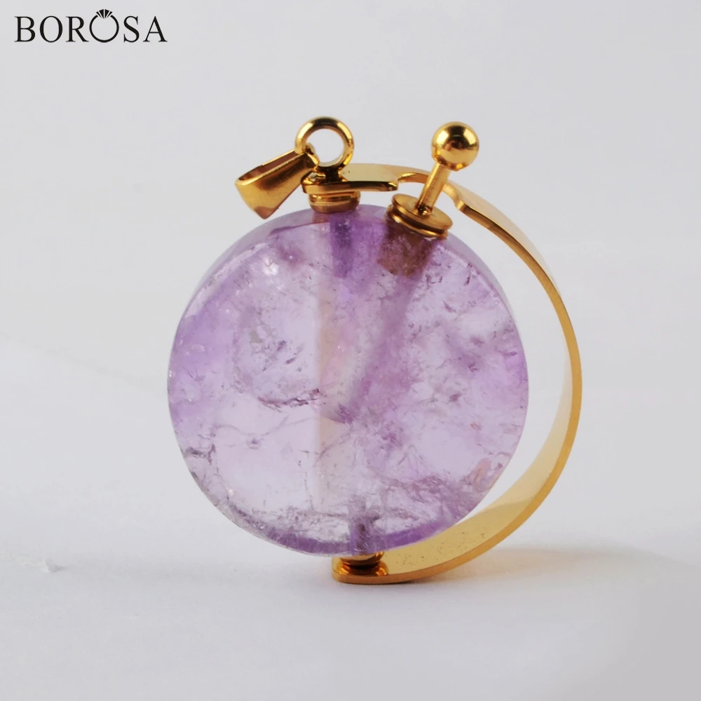 

BOROSA Round Perfume Bottle Pendant Diffuser Natural Quartz Essential Oils Bottle Amethysts Pendant Necklace Fittings WX1304