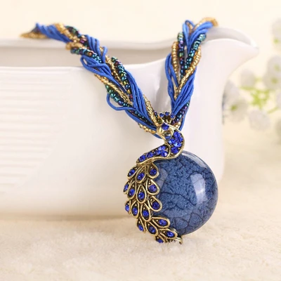 blue necklace Ожерелье Павлин, натуральный камень, толстые витые бусины, цепочка, ожерелье, чокер, этнический, бохо, богемный стиль, массивные украшения - Окраска металла: blue necklace