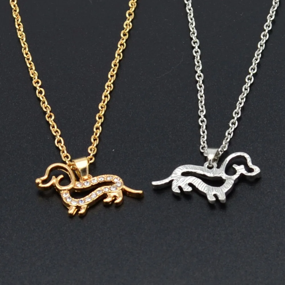 Collana con ciondolo a forma di cucciolo di cane carino, colore oro e argento, con cristallo, a forma di bassotto, a catena, per donna e ragazza, regalo di gioielli_voghion.com