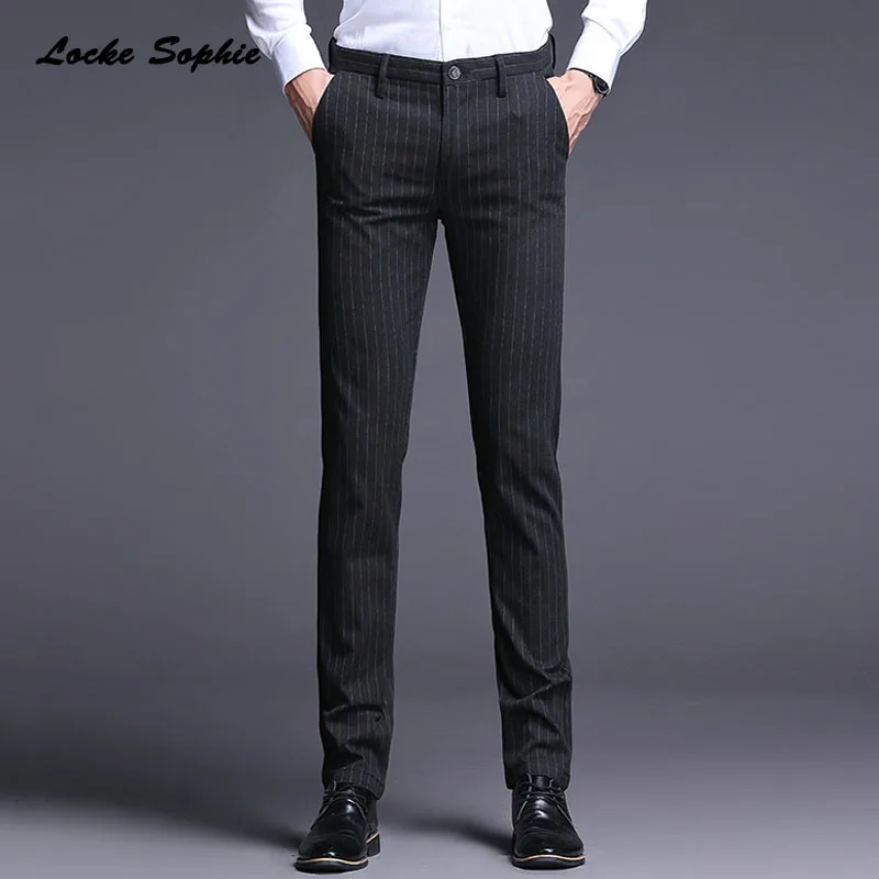 

High waist Mens Plus size Pencil pants trousers 2019 Autumn cotton blend stripe Splicing suit pants men Skinny business trousers