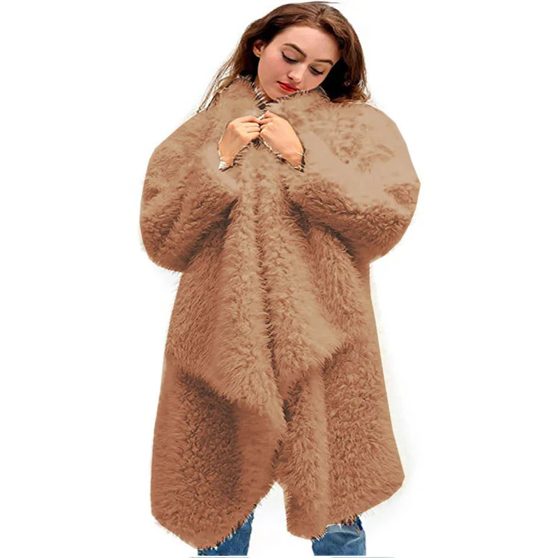 Новинка, длинное белое меховое пальто, куртка из искусственного меха, Осень-зима, модное женское пальто, теплый флисовый Кардиган с длинным рукавом, женские пальто - Цвет: Camel