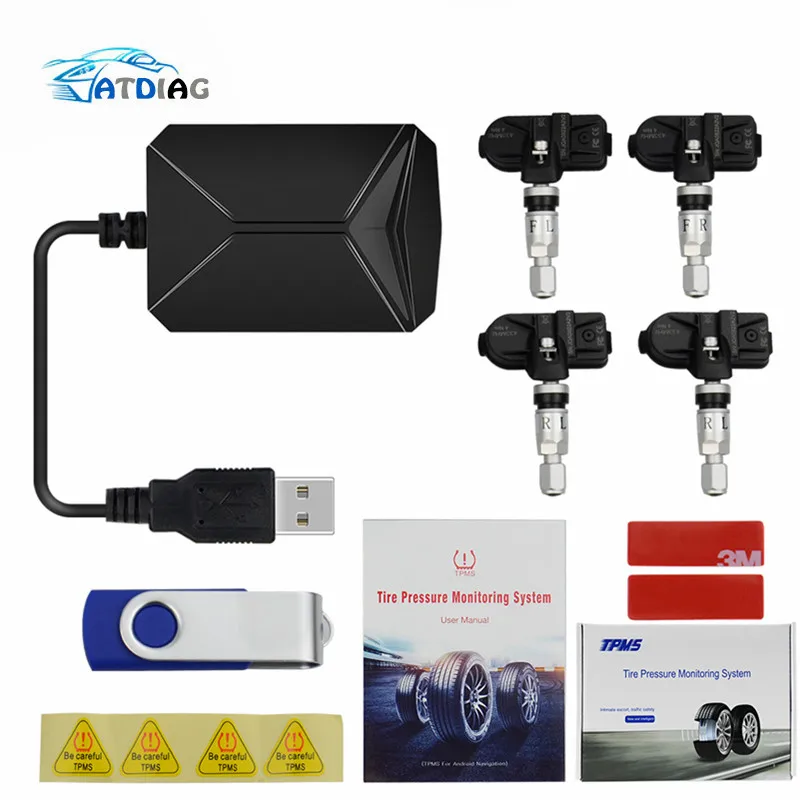

USB Android TPMS Car Tire Pressure Monitor with 4 External Sensors 116 psi Monitoring Alarm System 5V Wireless Transmission TPMS