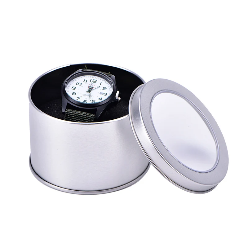 

Silver Round Metal Jewelry Watch Box Display Case With Cushion Watch Box Holder