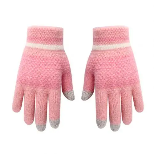 Winter Kids Stripe Full Finger Touch Screen Knitted Gloves Warm Child Kids Baby Girls Boys Winter Warm Thick Gloves Mittens - Цвет: Pink