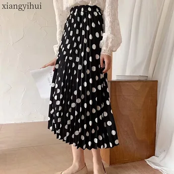 

Polka Dot Chiffon Long Skirt for Women 2020 New Summer Elastic High Waist Pleated Female White Black Skirts Vintage Clothing