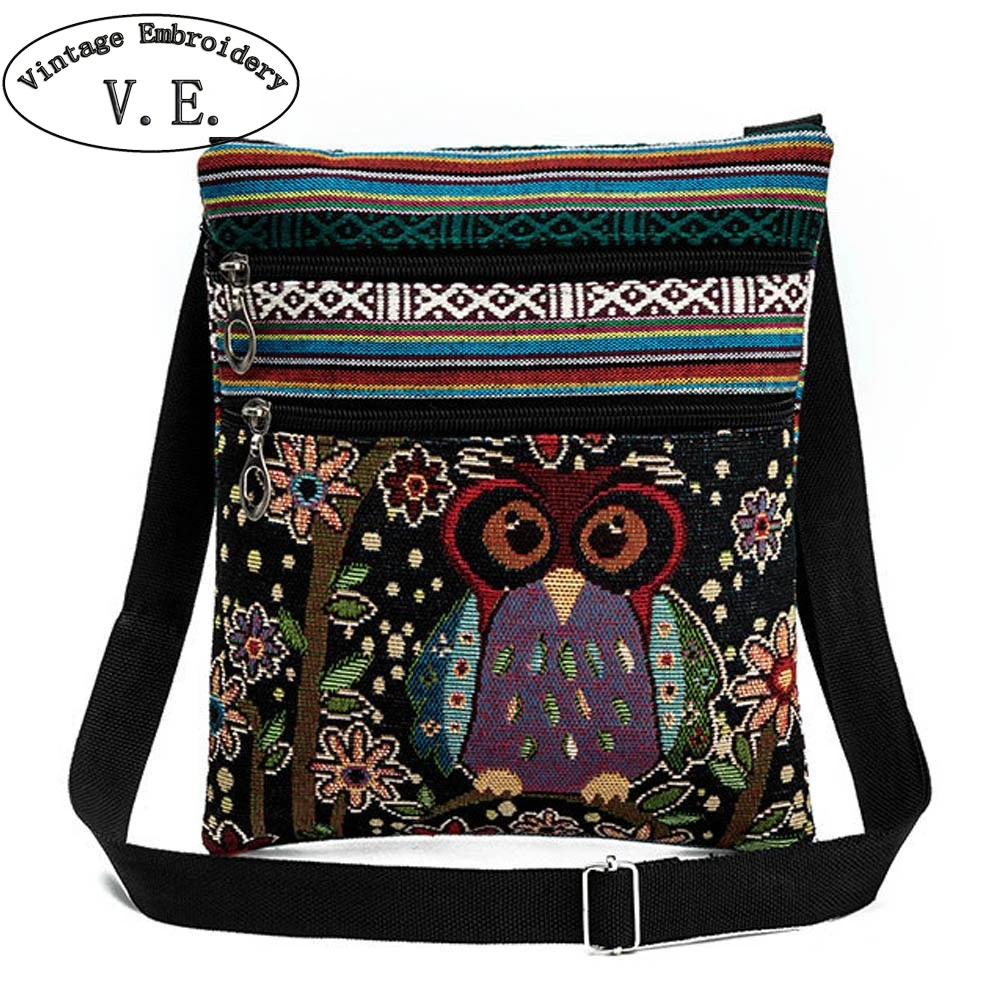 

Vintage Women Handbag Cartoon Owl Print Shoulder Messenger Bags Canvas National Double Zipper Mini Small Flap Bag Woman