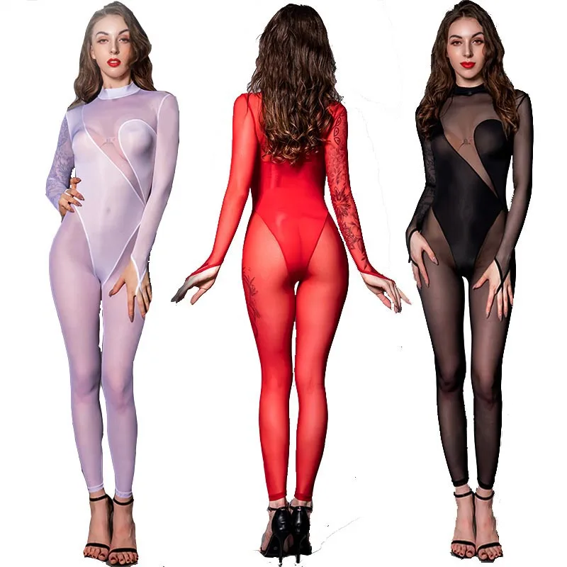 

Sexy Women Skinny See-through Mesh Splicing Jumpsuit Unitard Full Body Bodysuit Pole Dance Wear Catsuits Girls Costume