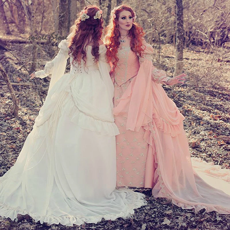 ビクトリア朝中世ゴシックウェディングドレスピンク紫仮装国のウェディングドレス ロングスリーブオフショルダー花嫁 ウェディングドレス Aliexpress