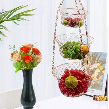 

Household 3-Tier Kitchen Hanging Fruit Basket Wire Hanging Folding Basket Hook Design Save Space For Kitchen Halls Rooms Storage