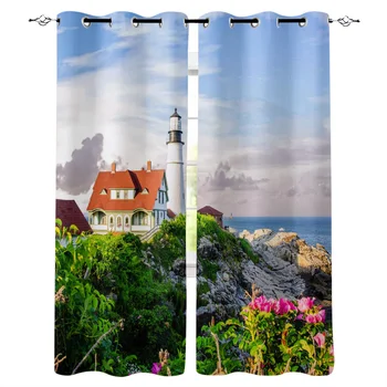 

Multi-size Summer Sea Seaside Flowers Plants Lighthouse Window Curtains Polyester Fabric Living Room Curtain Home Decor