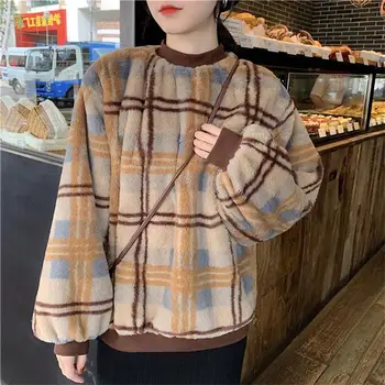 

Loose Lazy Vintage Plaid Sweatshirt Female Korean Kawaii Cute Women's Sweatshirts Japanese Harajuku Ulzzang Clothing For Women