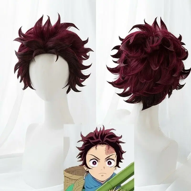 

Japanese Anime Demon Slayer: Kimetsu no Yaiba Kamado Tanjirou Cosplay Wigs Wig Curl Short Wine Mix Party Hair Cosplay Prop