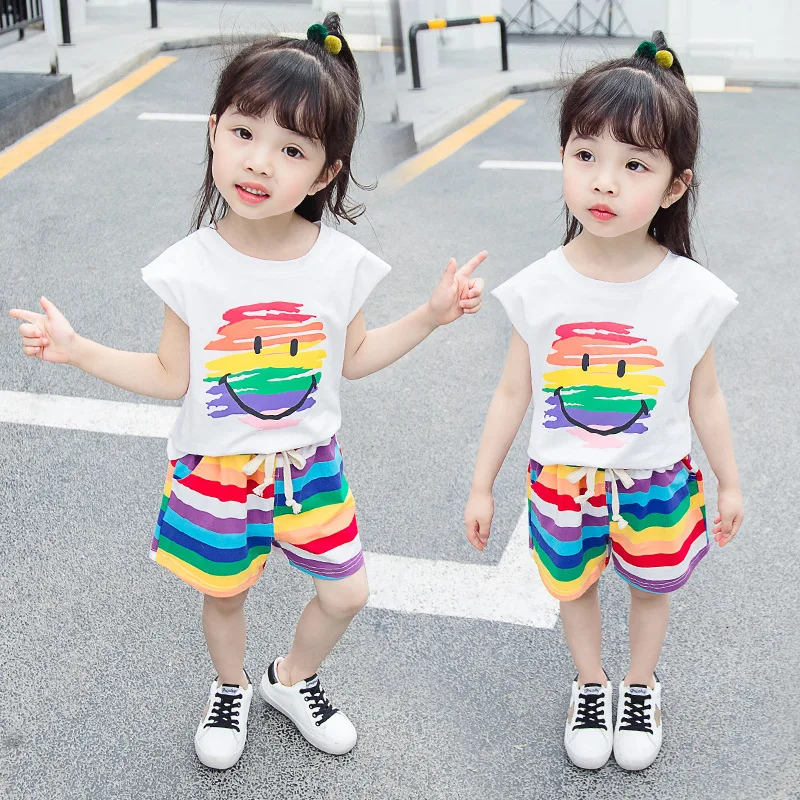 

Korean-style 2019 Summer Childrenswear CHILDREN'S Short-sleeved Clothes Set Children of Clothes Girls Rainbow Summer Wear