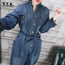 Винтажные женские свободные повседневные Цельные джинсы Boyfriend, женские джинсовые комбинезоны с поясом и поясом, европейские комбинезоны с большими карманами синего цвета