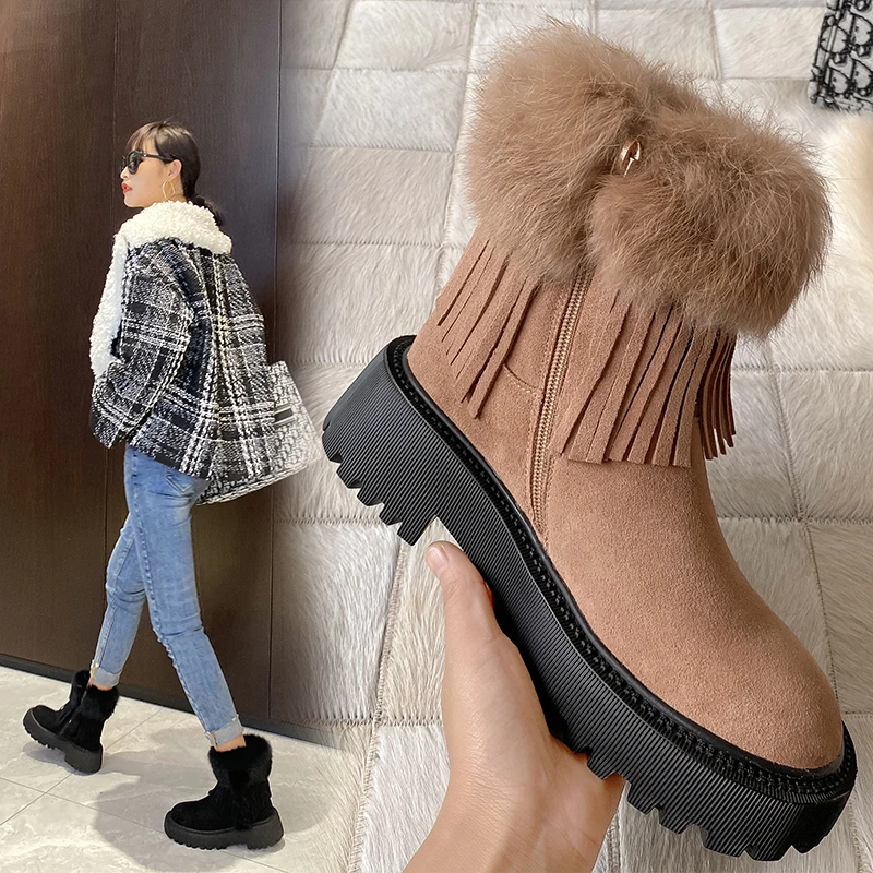 

Luxury Real Rabbit Fur Snow Boots Women Cow Suede Chunky Platform High Heels Plush Tassel Ankle Boots Winter Warm Shoes