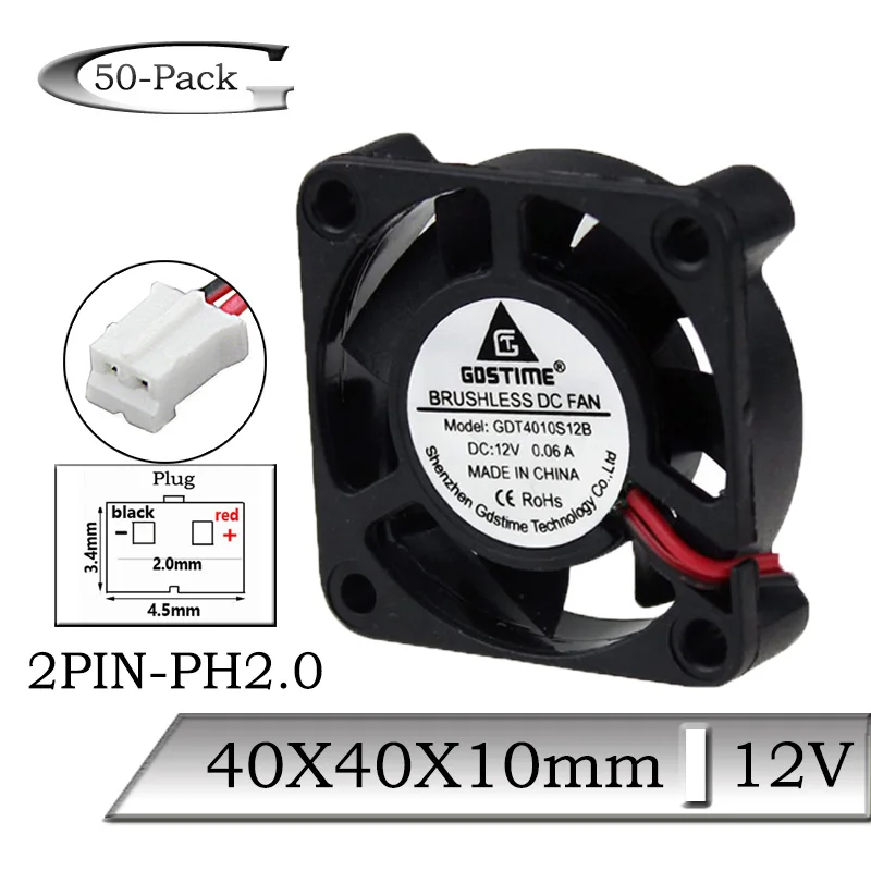 

50Pcs/Lot Gdstime DC 12V 40x40x10mm 40mm Mini Cooling Fan Air Ventilation Fan 40mmx10mm 4cm Brushless Axial 2PIN Cooler Fan