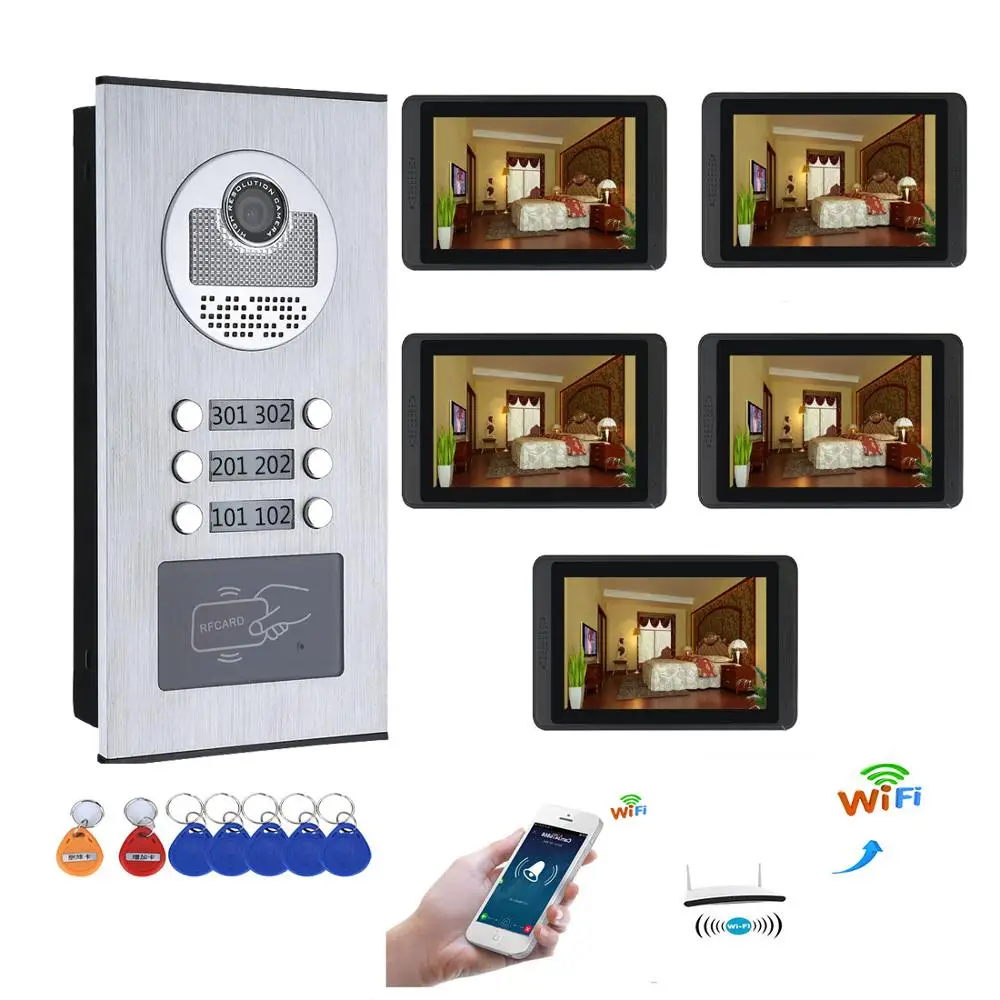 

5 Units Apartment APP Control Video Intercom 7 Inch Monitor Wifi Wireless Video Door Phone Doorbell Speakerphone Intercom System