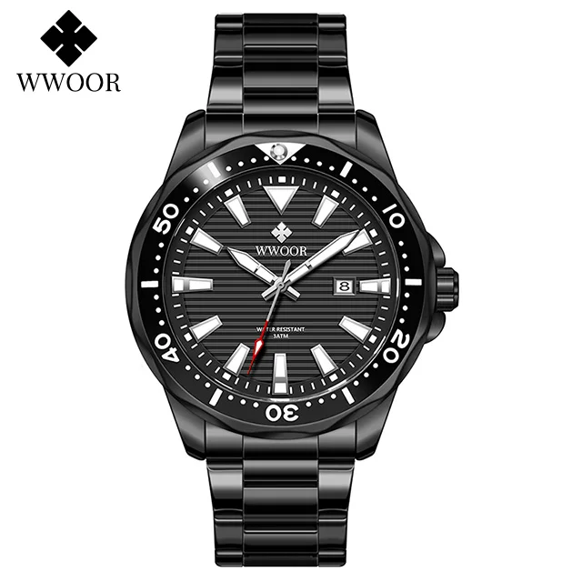 WWOOR 2022 Top Brand Luxury Men's Watch Sports Military Diver Quartz Clock Gold Full Steel Luminous Waterproof Date Wristwatches 