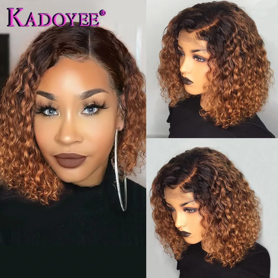 

Ombre Curly Bob Wig 100% Human Hair 13x4 Lace Wigs Pre Plucked 1B/30 Color Brazilian Kinky Curly Lace Front Wigs with Baby Hair