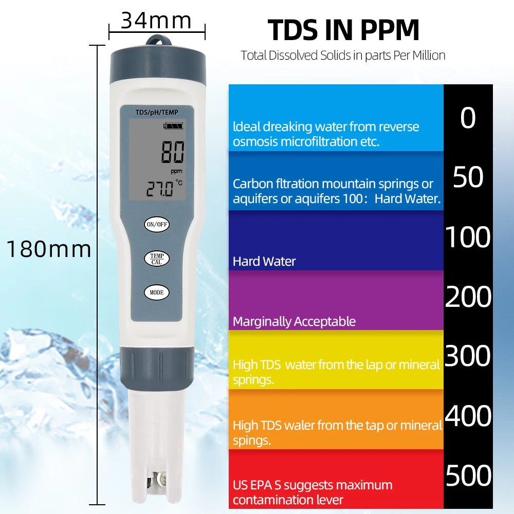 Atyhao Testeur d'eau numérique Stylo de Test de Température PH TDS