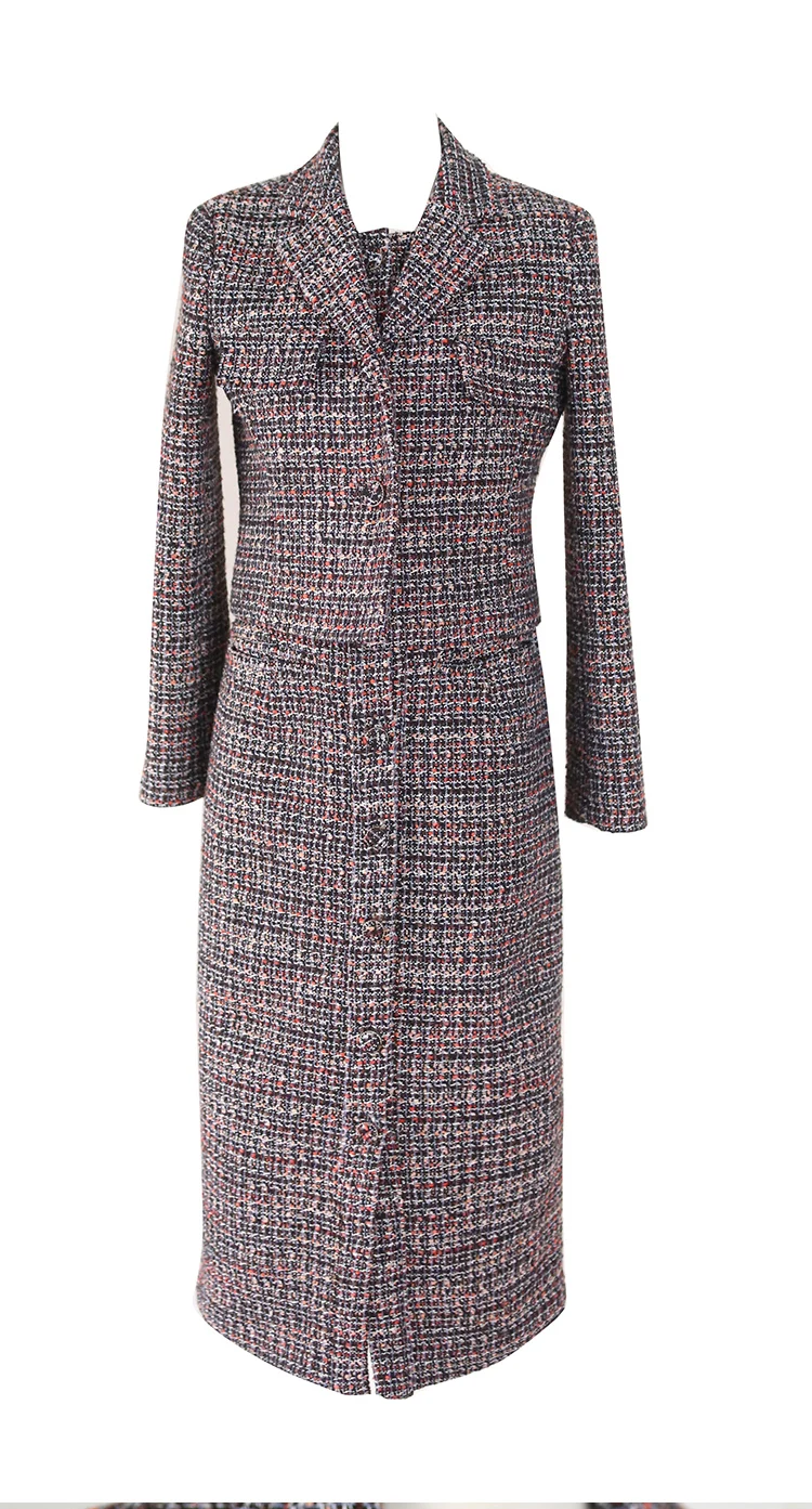 New Autumn winter High Quality Women 2 Piece Set Tweed Short Jacket Coat+Elegant Fashion single-breasted Long Party Dresses