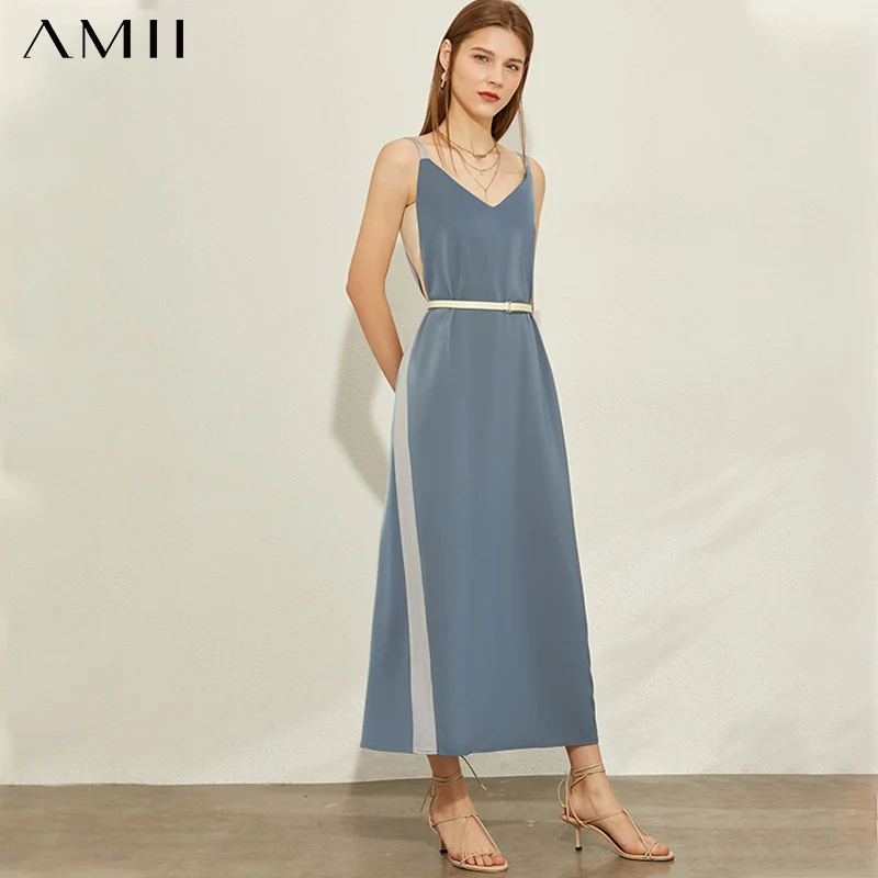 AMII Minimalism Spring Summer Fashion Spliced Suspender Women Dress Sleeveless Aline Loose Female Ankel-length Dress 12070190 AMII Minimalism Spring Summer Fashion Spliced Suspender Women Dress Sleeveless Aline Loose Female Ankel-length Dress 12070190
