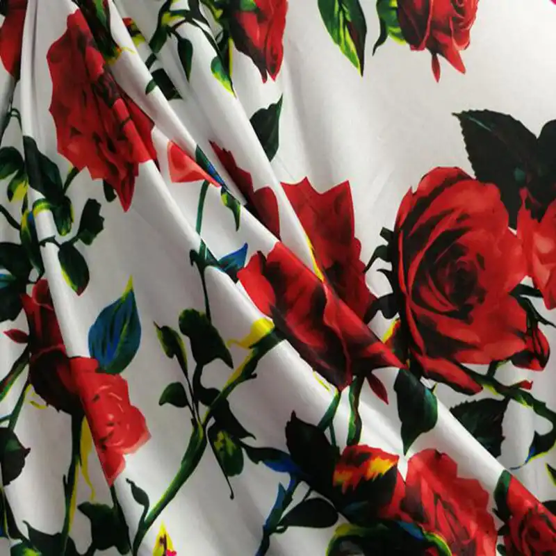 Good 4 Side Stretch Dress Fabric Cotton Spandex Knitted Fabric Red Rose Flower Print Fabric Diy Sewing Sport Clothing T Shirt Fabric Aliexpress