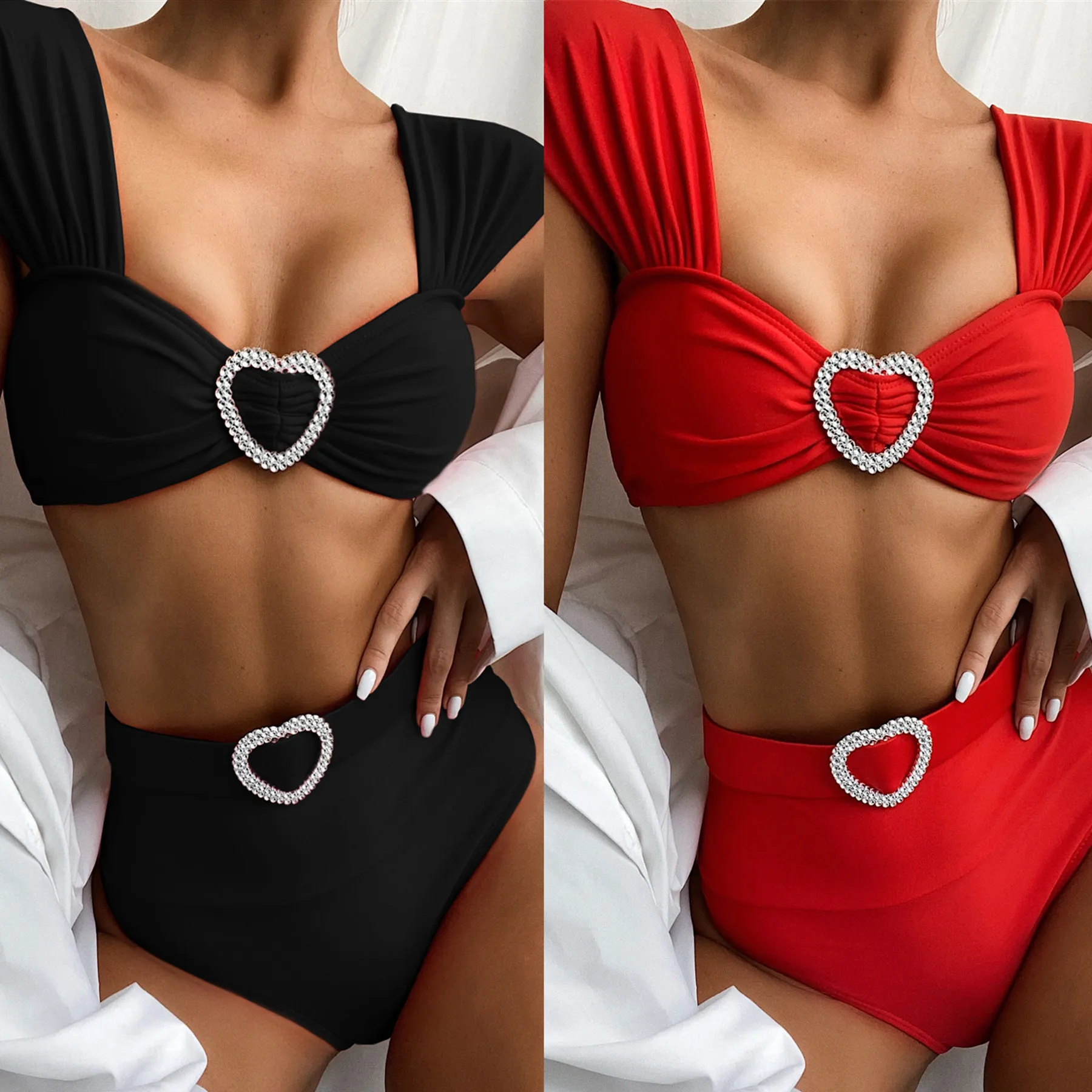 Bañador de corazón con diamantes de imitación para mujer, Bikini rojo de cintura alta, traje de baño de realce, conjuntos de Bikini de triángulo negro