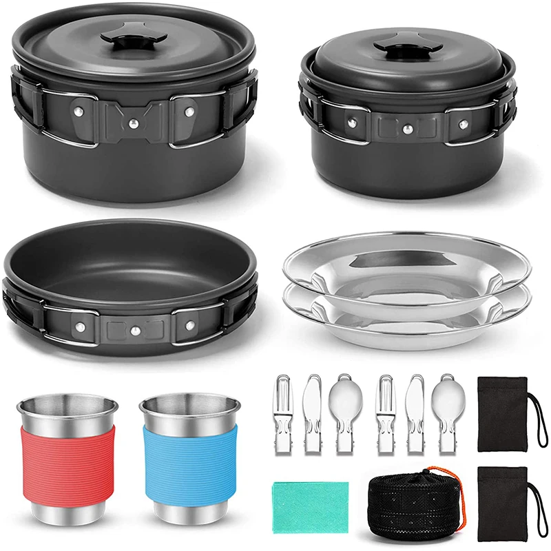 Camping Cookware for 2 People Portable Pots Pans Cup Teaport Set Folding Outdoor Cooking Picnic Tableware Plates | Спорт и