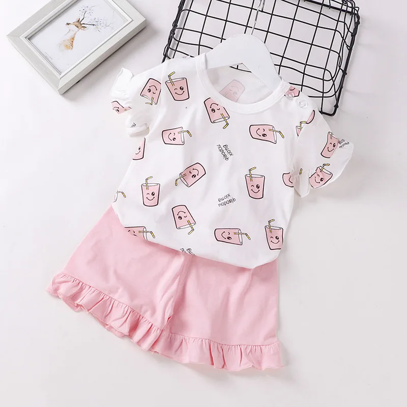 Summer Baby Girls' Cotton Short Sleeve Set Fashion Kids Girl T shirt + Shorts Two Piece Sets
