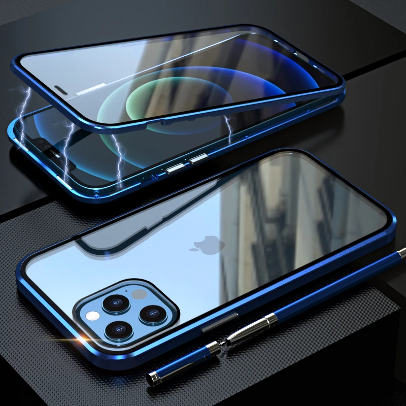 Metal Magnetic For iPhone 12 Pro 13 11 Xr Xs Max Mini 8 7 Plus SE Phone Case Double-Sided Glass Cover Coque Fundas Clear Bumper iphone 12 pro max clear case