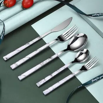 

5Pcs Luxury Marble Stainless Steel Tableware Set Cutlery Knives Forks Spoons Teaspoon Kitchen Dinnerware