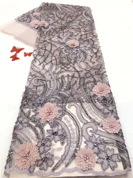

Gorgeous wedding French lace cloth 3D flower African net lace fabric with beads PAN330(5yards/lot)